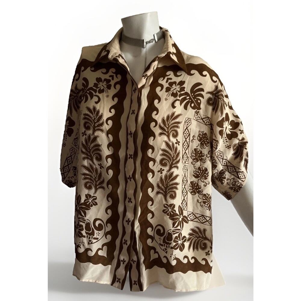 Alemais Silk Tropic Shirt US 4 AU 8 Brown Cream Floral 100% Silk Button Up